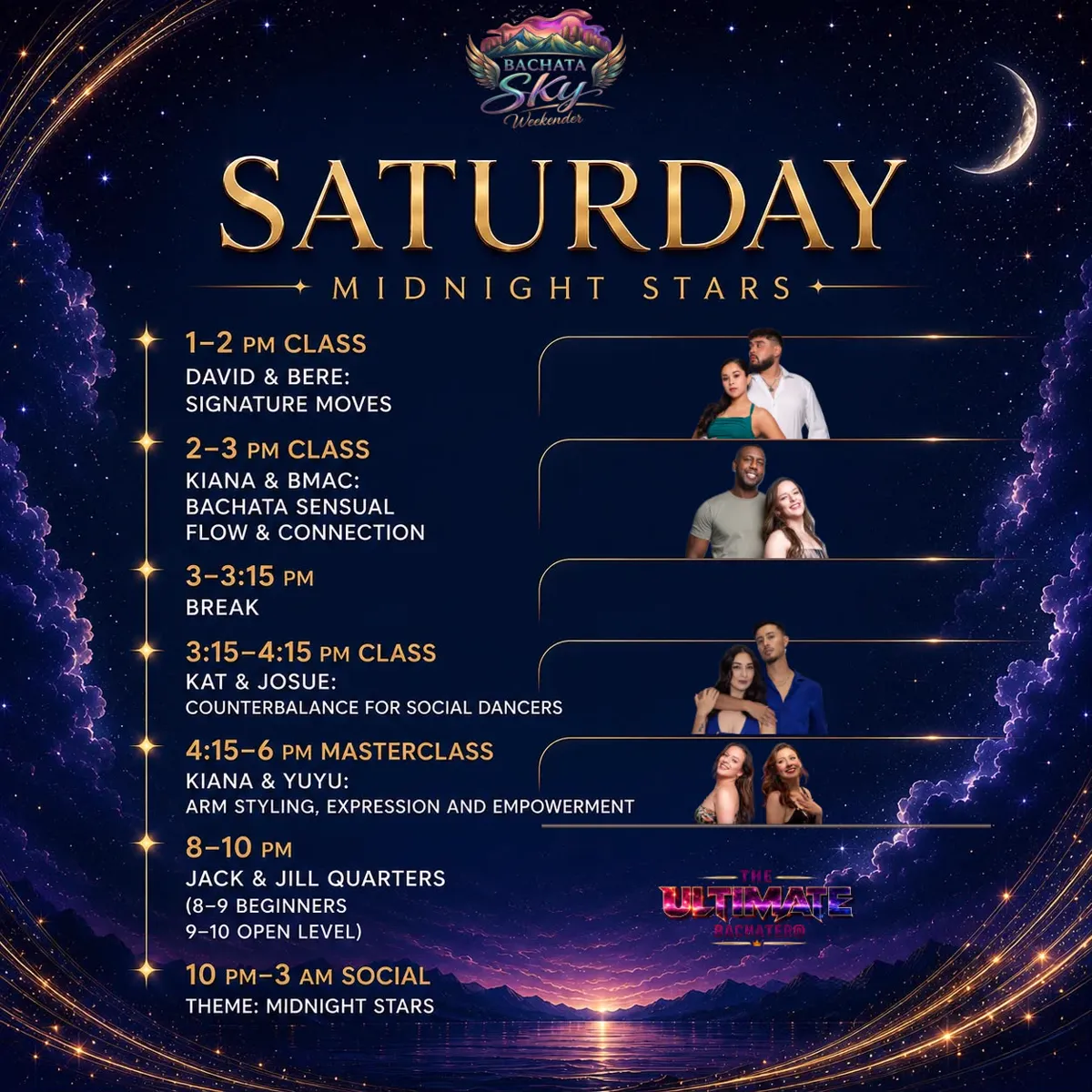 Saturday schedule for Bachata Sky Weekender 2026 in Denver — Midnight Stars night with classes by David & Bere, Kiana & Bmac, Kat & Josue, a masterclass by Kiana & Yuyu, Jack & Jill quarterfinals 8–10 PM, and social 10 PM to 3 AM