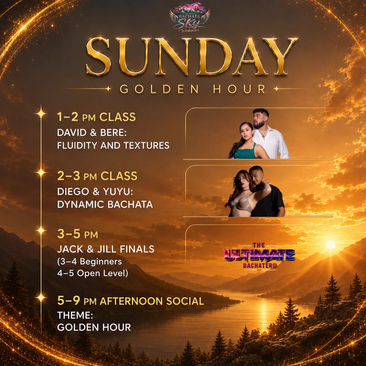 Sunday schedule for Bachata Sky Weekender 2026 in Denver — Golden Hour with classes by David & Bere and Diego & Yuyu, Jack & Jill finals 3–5 PM, and afternoon social 5–9 PM
